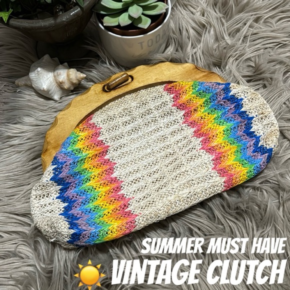Vintage Handbags - Vintage Woven Clutch-Made in Hong Kong-Wooden Top Closure-Rainbow Exterior